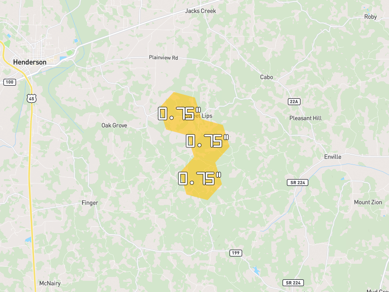 Hail map of Henderson, TN on Jul 22, 2026, hail up to 0.75"