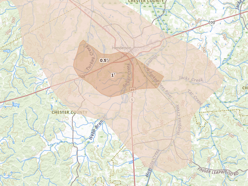 Radar-estimated hail-size map of the storm over Henderson, TN on Aug 26, 2026