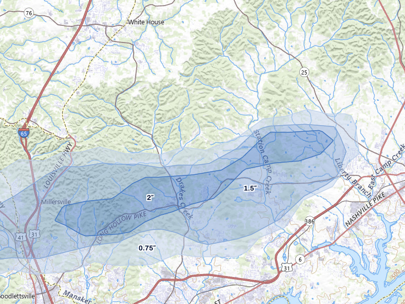 NEXRAD radar-signature map of the hail over Hendersonville, TN