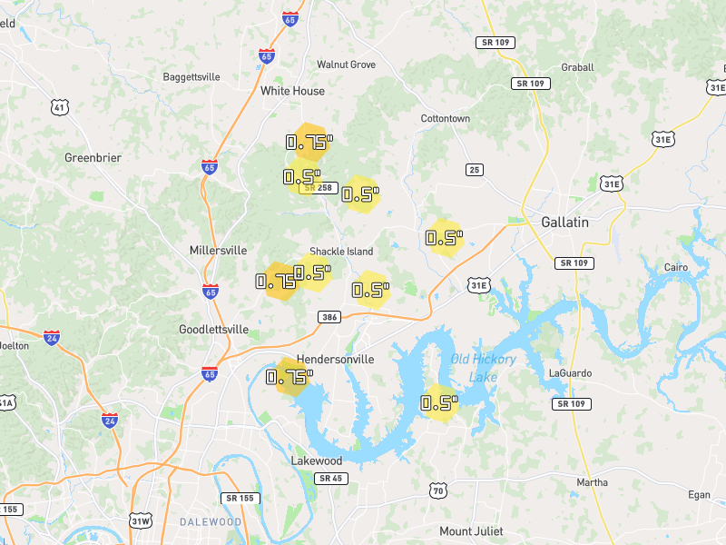 Hail map of Hendersonville, TN on Jul 22, 2026, hail up to 0.75"
