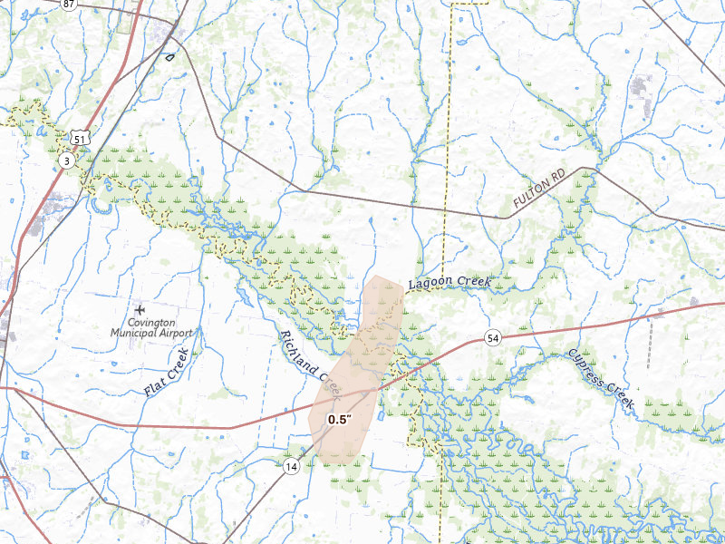 Radar-estimated hail-size map of the storm over Henning, TN on Jun 18, 2026