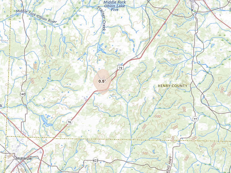Radar-estimated hail-size map of the storm over Henry, TN on Jun 12, 2026