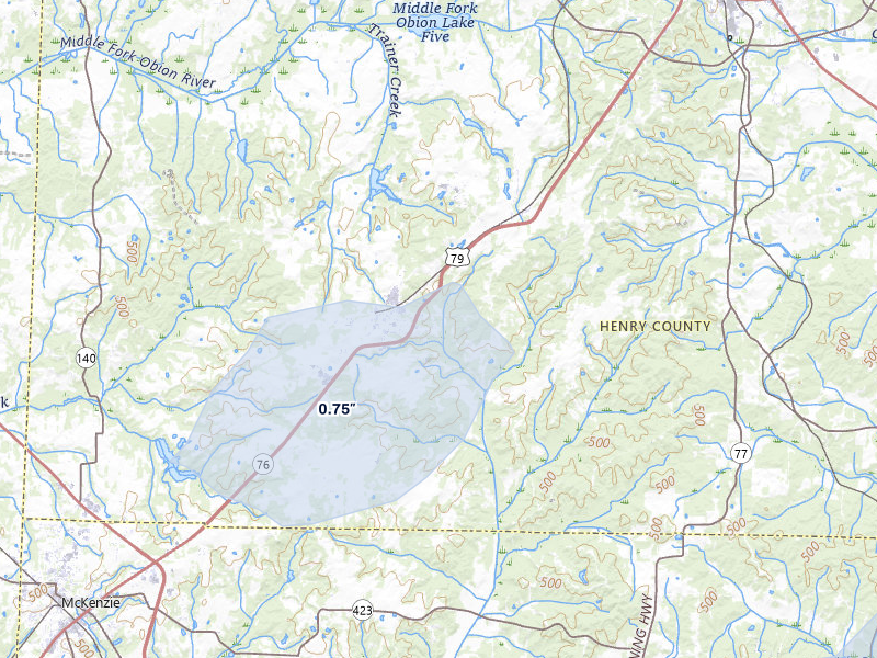 NEXRAD radar-signature map of the hail over Henry, TN