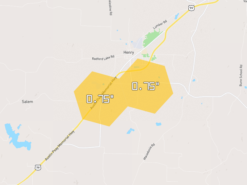 Hail map of Henry, TN on Jul 3, 2026, hail up to 0.75"