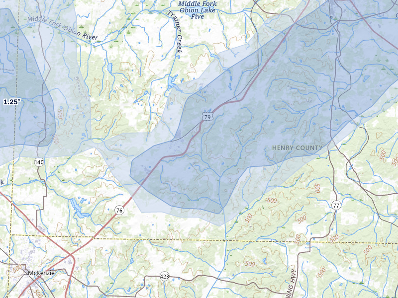 NEXRAD radar-signature map of the hail storm over Henry, TN on Jul 5, 2026