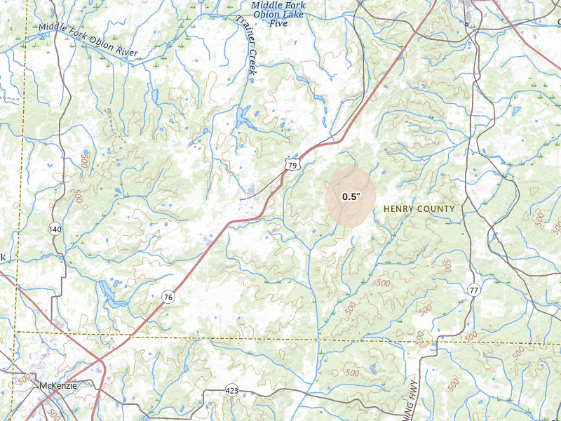 Radar-estimated hail-size map of the storm over Henry, TN on Jul 8, 2026