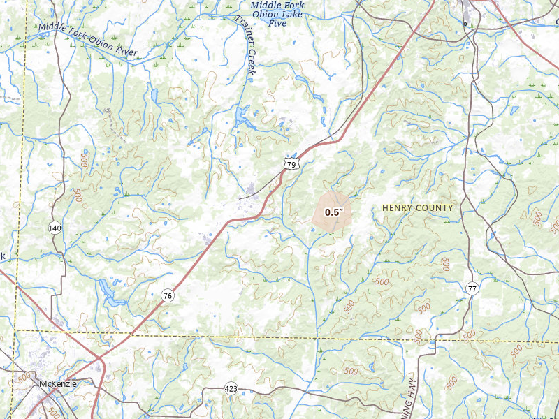 Radar-estimated hail-size map of the storm over Henry, TN on Aug 8, 2026