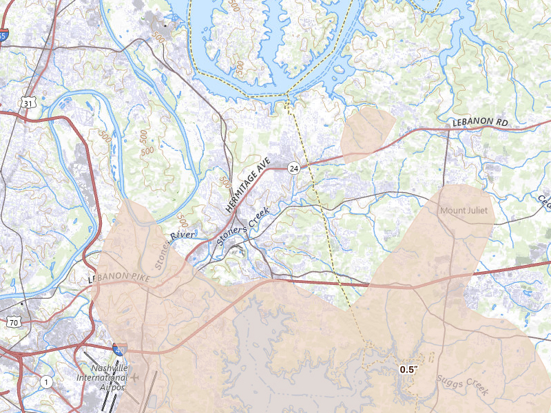 Radar-estimated hail-size map of the storm over Hermitage, TN on Jun 9, 2026