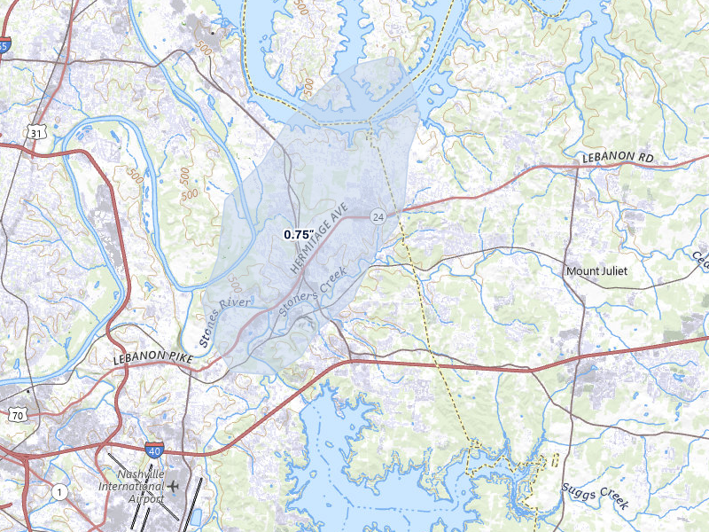 NEXRAD radar-signature map of the hail over Hermitage, TN