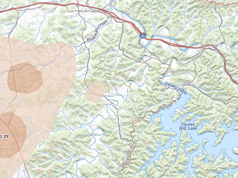 Radar-estimated hail-size map of the storm over Hickman, TN on Jul 3, 2026