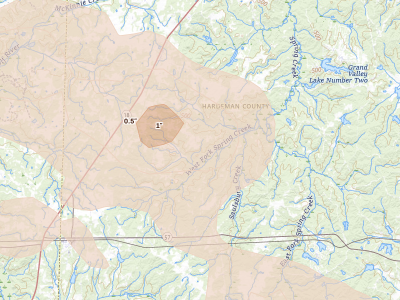 Radar-estimated hail-size map of the storm over Hickory Valley, TN