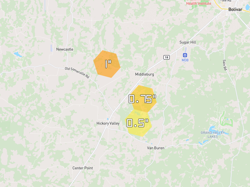 Hail map of Hickory Valley, TN on Jul 1, 2026, hail up to 1"
