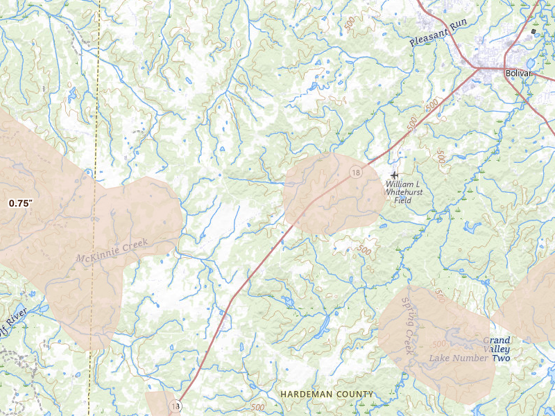 Radar-estimated hail-size map of the storm over Hickory Valley, TN on Aug 22, 2026
