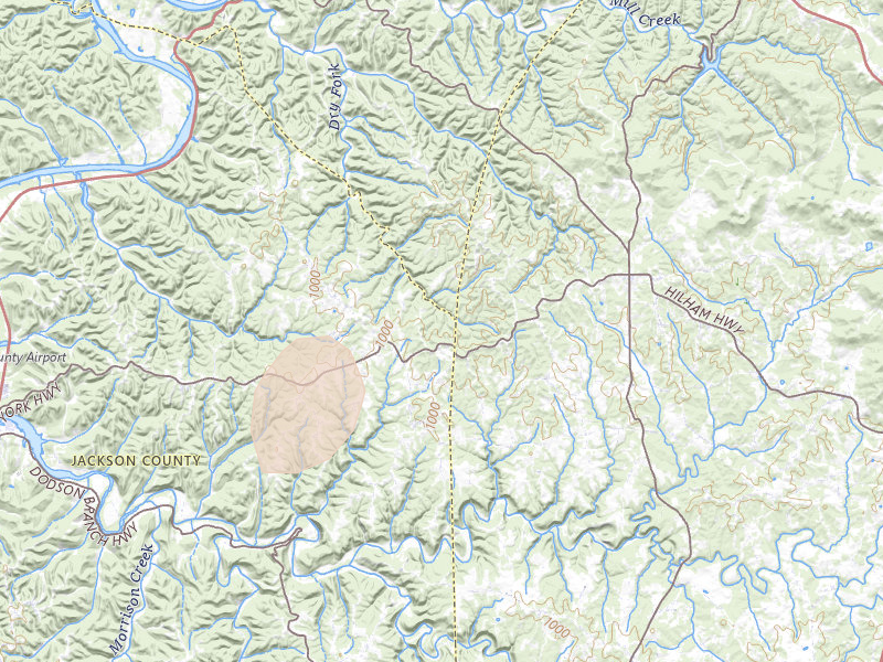 Radar-estimated hail-size map of the storm over Hilham, TN on Jul 17, 2026