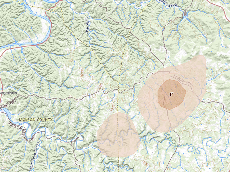 Radar-estimated hail-size map of the storm over Hilham, TN on Aug 7, 2026
