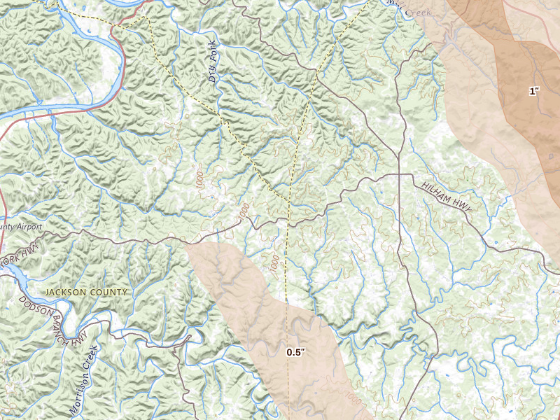 Radar-estimated hail-size map of the storm over Hilham, TN on Aug 22, 2026