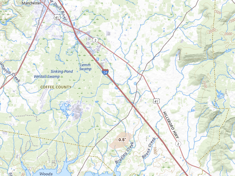 Radar-estimated hail-size map of the storm over Hillsboro, TN on Jul 2, 2026