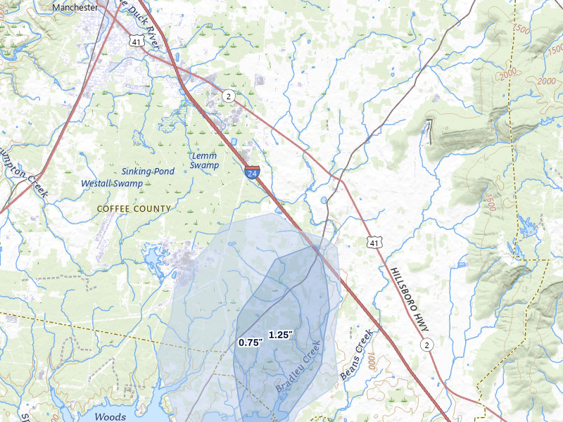 NEXRAD radar-signature map of the hail over Hillsboro, TN
