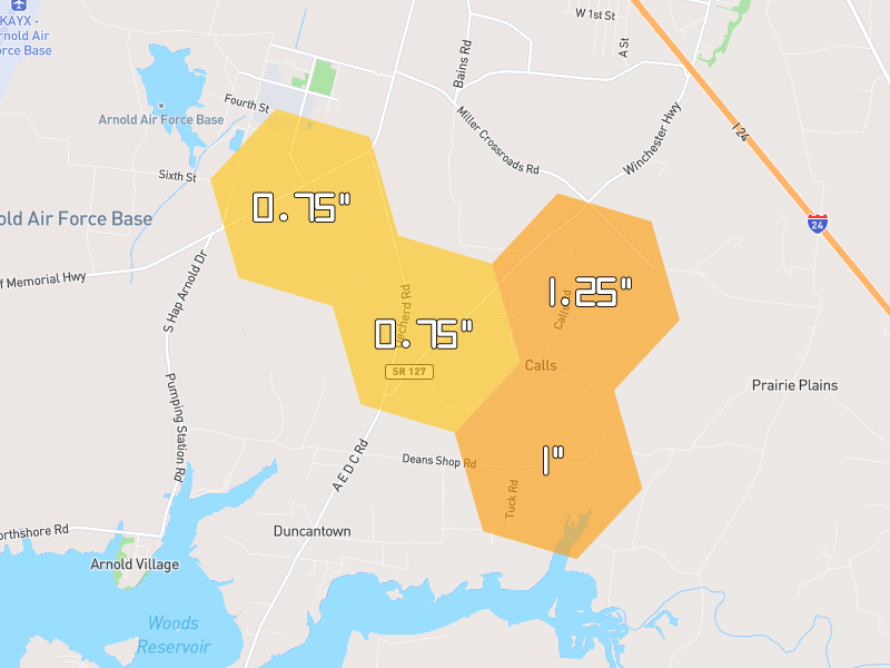 Hail map of Hillsboro, TN on Jul 2, 2026, hail up to 1.25"
