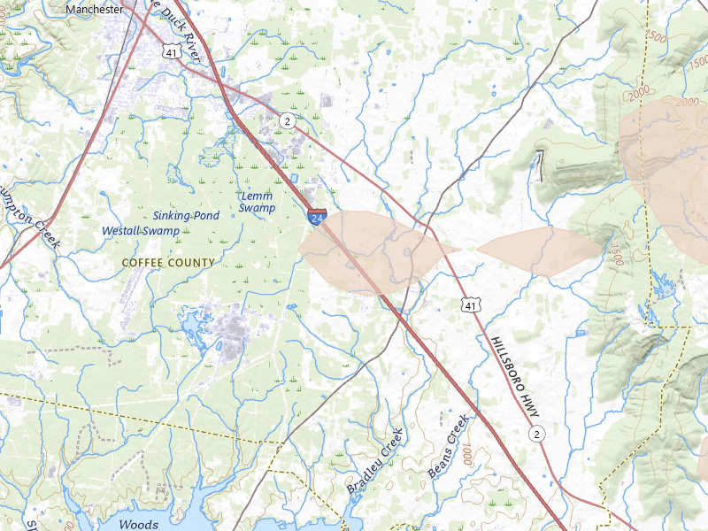 Radar-estimated hail-size map of the storm over Hillsboro, TN on Jul 3, 2026