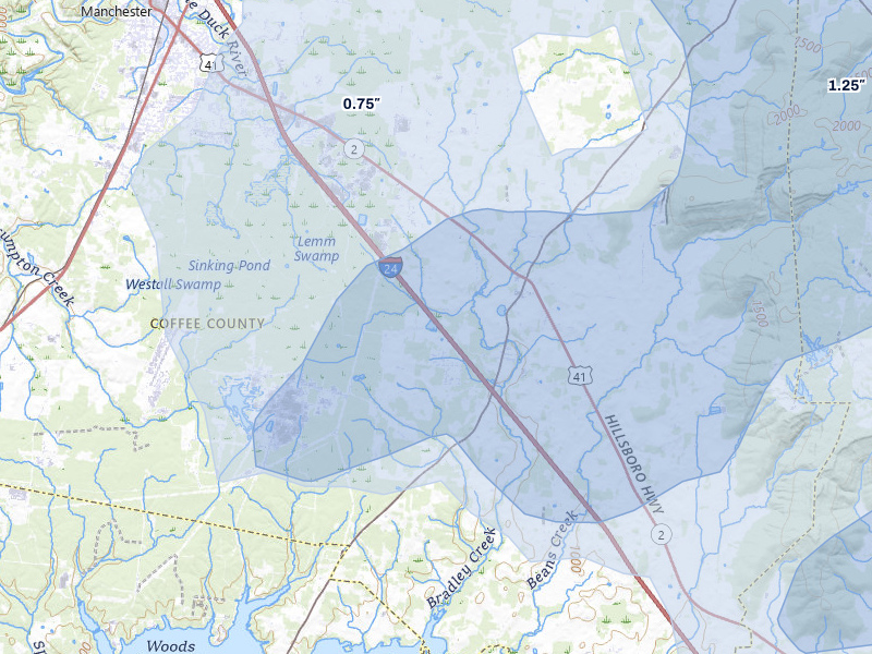 NEXRAD radar-signature map of the hail over Hillsboro, TN