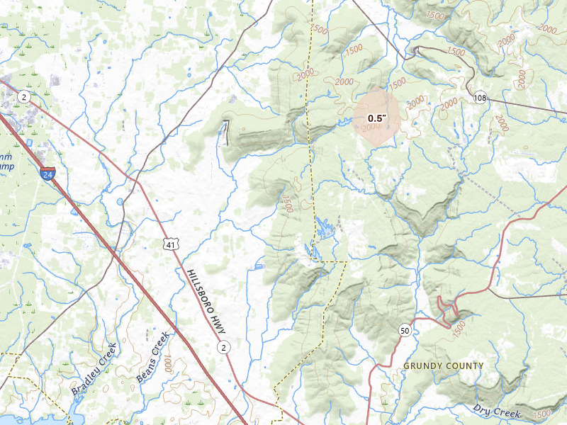 Radar-estimated hail-size map of the storm over Hillsboro, TN