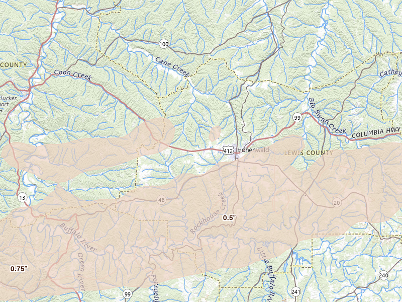 Radar-estimated hail-size map of the storm over Hohenwald, TN on Apr 27, 2026
