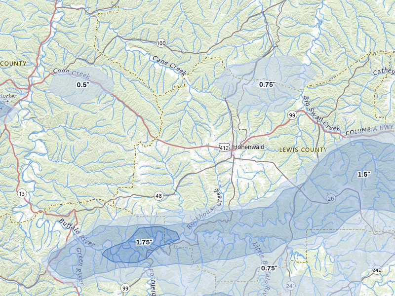 NEXRAD radar-signature map of the hail over Hohenwald, TN