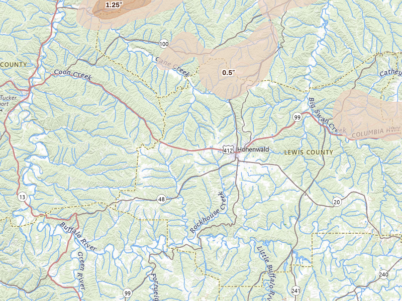 Radar-estimated hail-size map of the storm over Hohenwald, TN