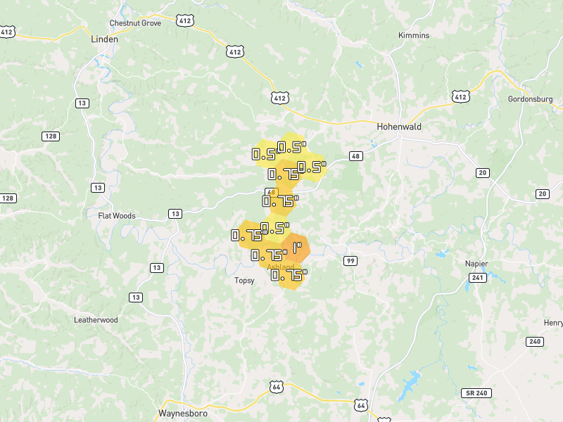 Hail map of Hohenwald, TN on Jul 2, 2026, hail up to 1"