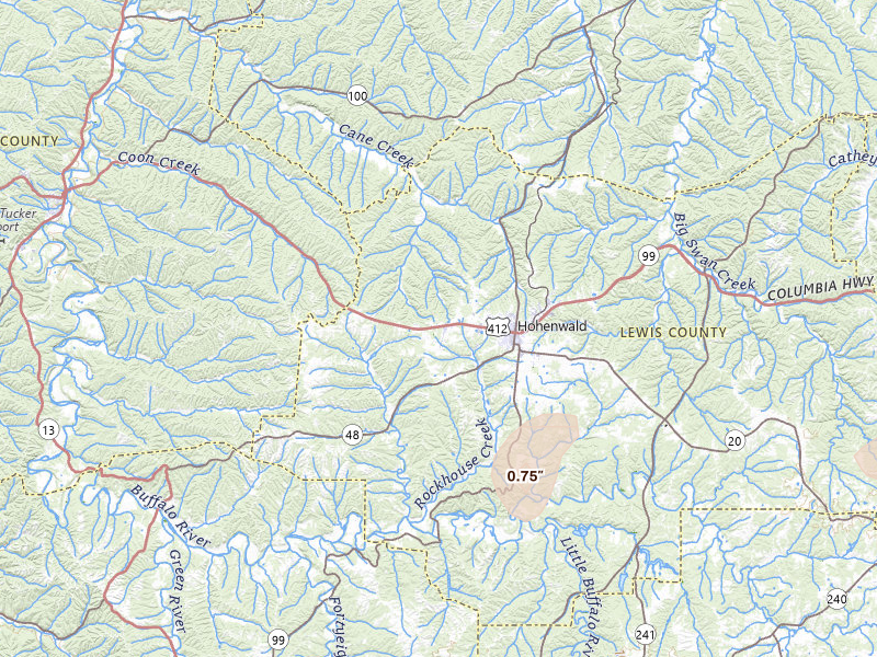 Radar-estimated hail-size map of the storm over Hohenwald, TN on Jul 3, 2026