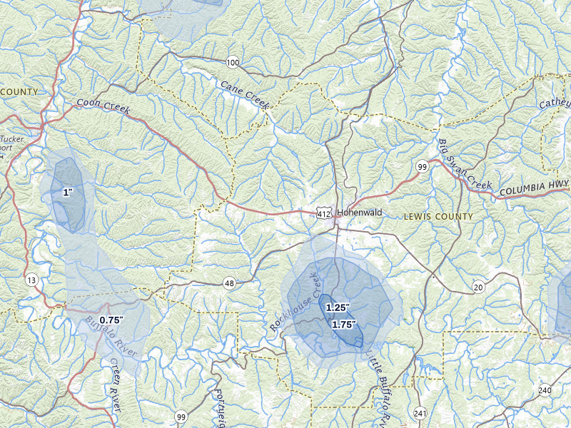 NEXRAD radar-signature map of the hail storm over Hohenwald, TN on Jul 3, 2026