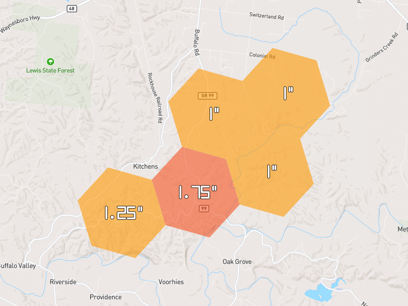 Hail map of Hohenwald, TN on Jul 3, 2026, hail up to 1.75"
