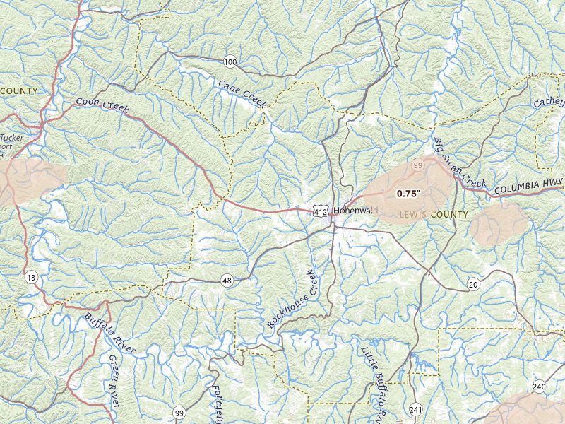 Radar-estimated hail-size map of the storm over Hohenwald, TN on Jul 11, 2026