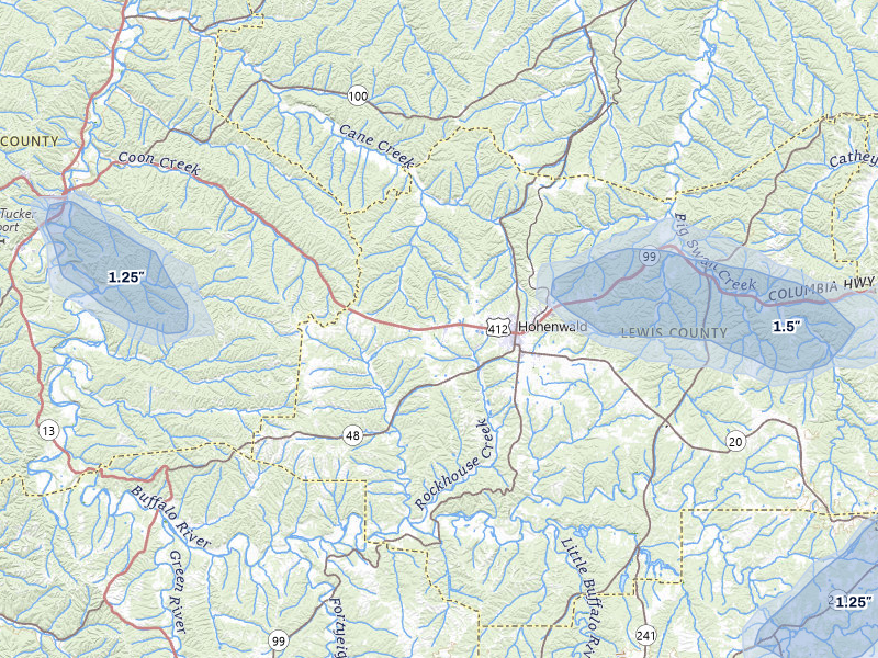 NEXRAD radar-signature map of the hail storm over Hohenwald, TN on Jul 11, 2026