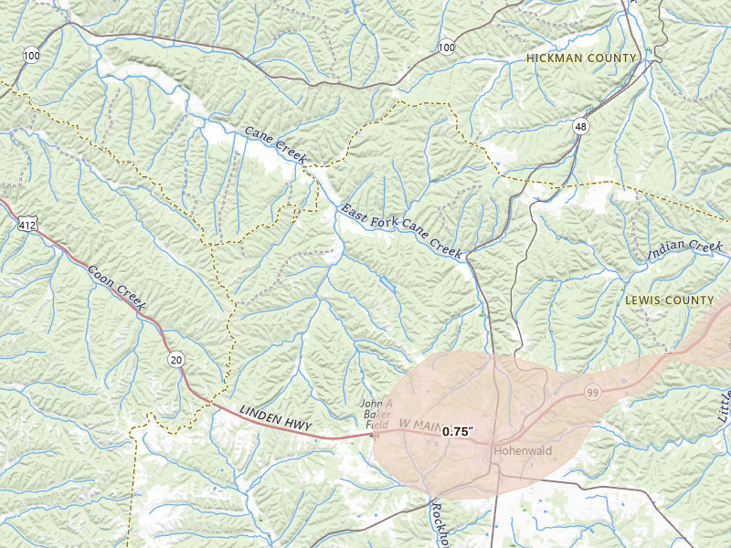Radar-estimated hail-size map of the storm over Hohenwald, TN on Aug 8, 2026