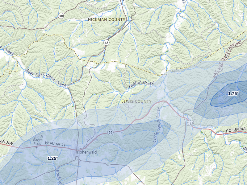 NEXRAD radar-signature map of the hail storm over Hohenwald, TN on Aug 8, 2026