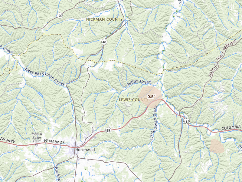 Radar-estimated hail-size map of the storm over Hohenwald, TN on Aug 17, 2026