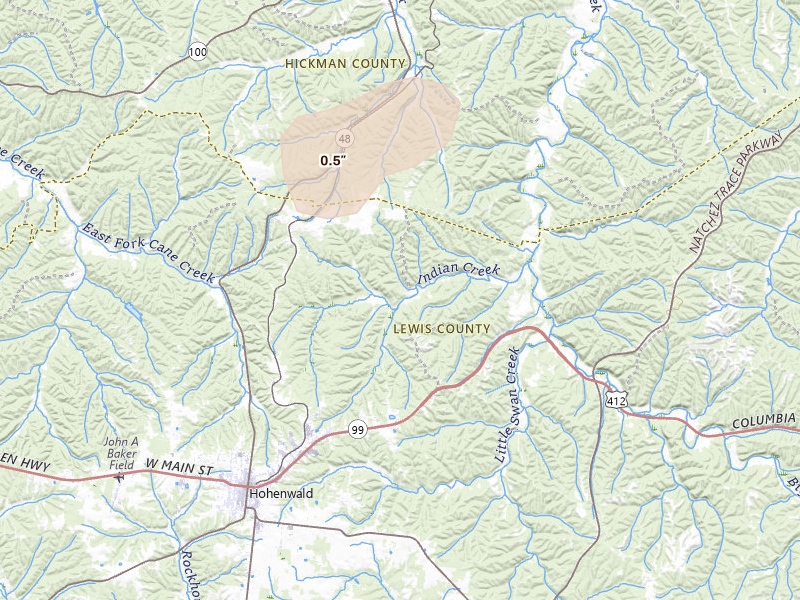 Radar-estimated hail-size map of the storm over Hohenwald, TN on Aug 26, 2026