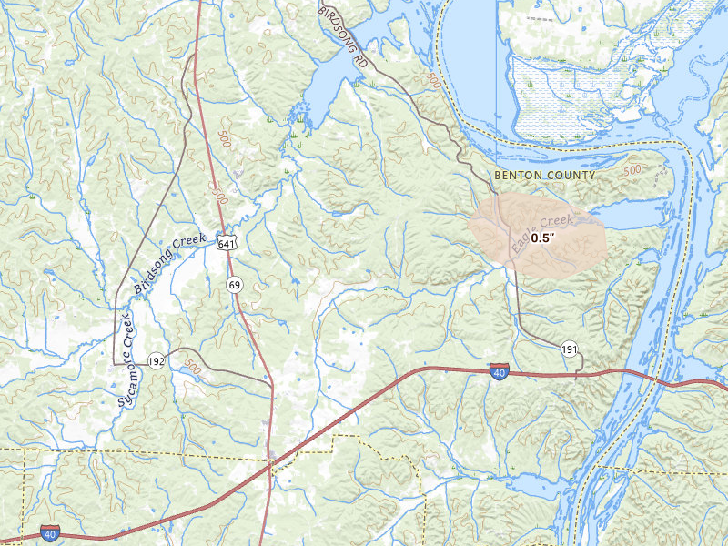 Radar-estimated hail-size map of the storm over Holladay, TN on Jul 2, 2026