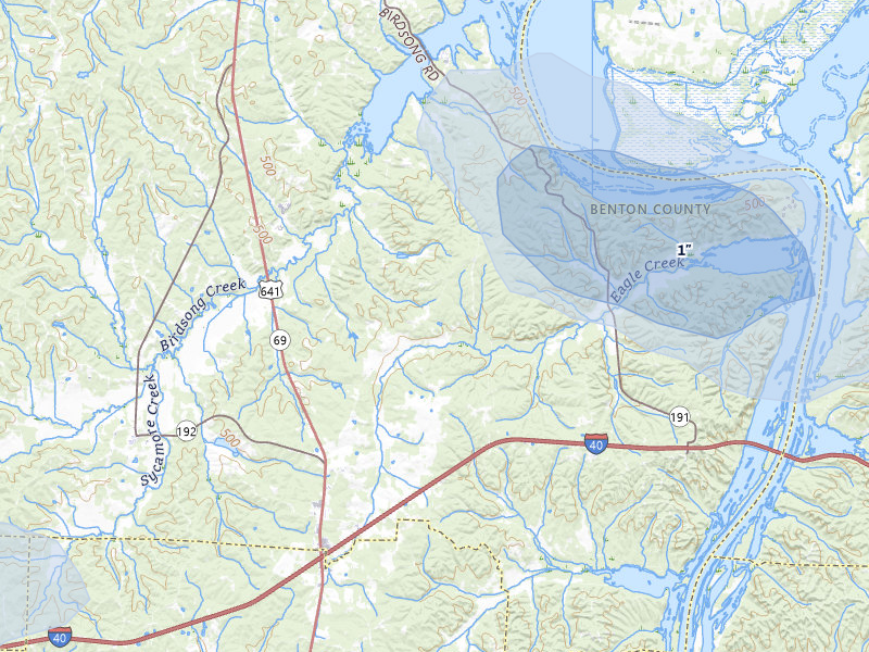 NEXRAD radar-signature map of the hail storm over Holladay, TN on Jul 2, 2026