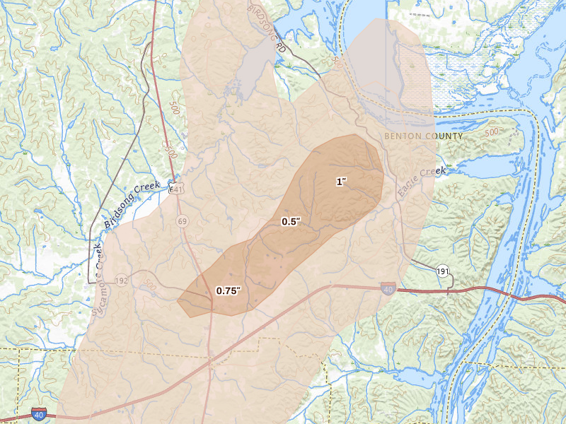 Radar-estimated hail-size map of the storm over Holladay, TN on Jul 26, 2026