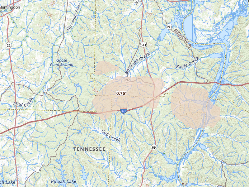 Radar-estimated hail-size map of the storm over Holladay, TN on Aug 19, 2026