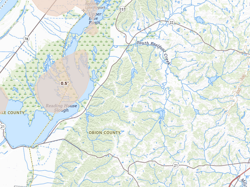 Radar-estimated hail-size map of the storm over Hornbeak, TN on Jun 9, 2026