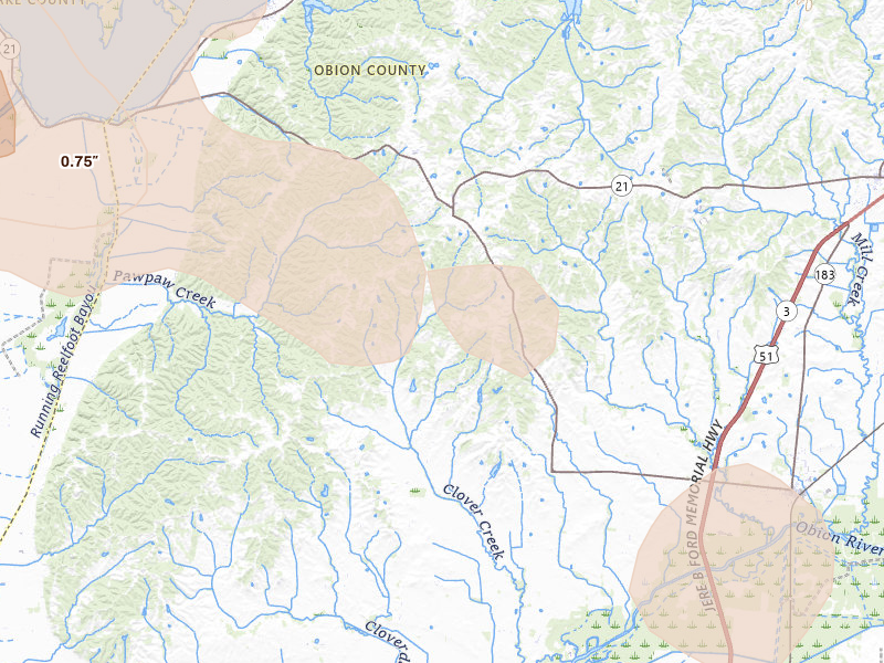 Radar-estimated hail-size map of the storm over Hornbeak, TN on Aug 26, 2026