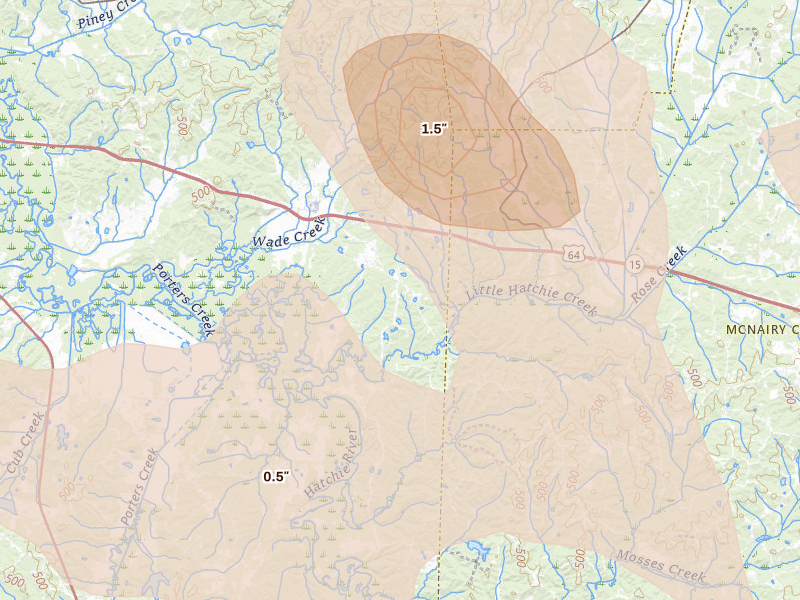 Radar-estimated hail-size map of the storm over Hornsby, TN on Aug 22, 2026