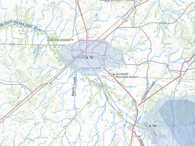 NEXRAD radar-signature map of the hail over Humboldt, TN