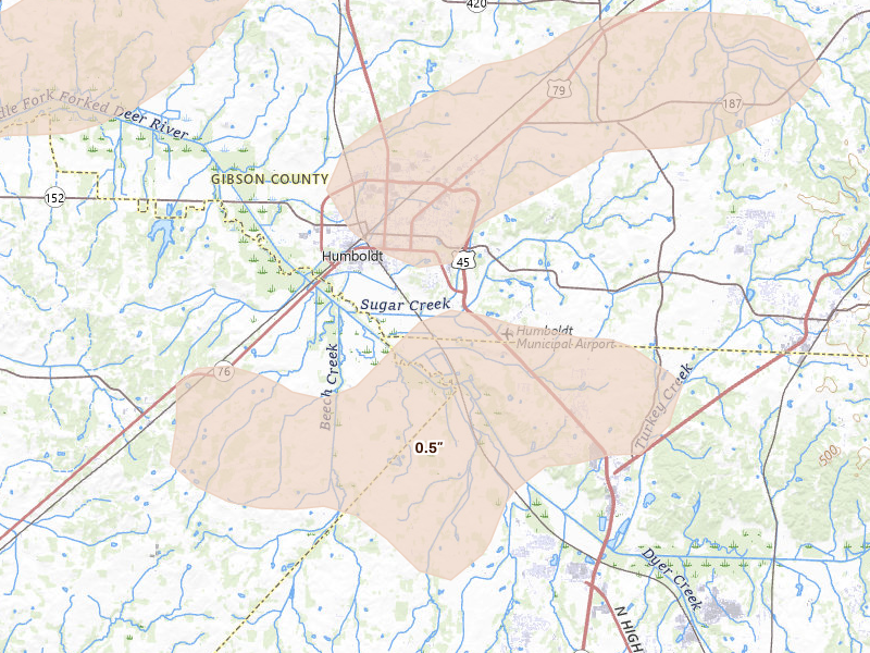 Radar-estimated hail-size map of the storm over Humboldt, TN on Apr 27, 2026