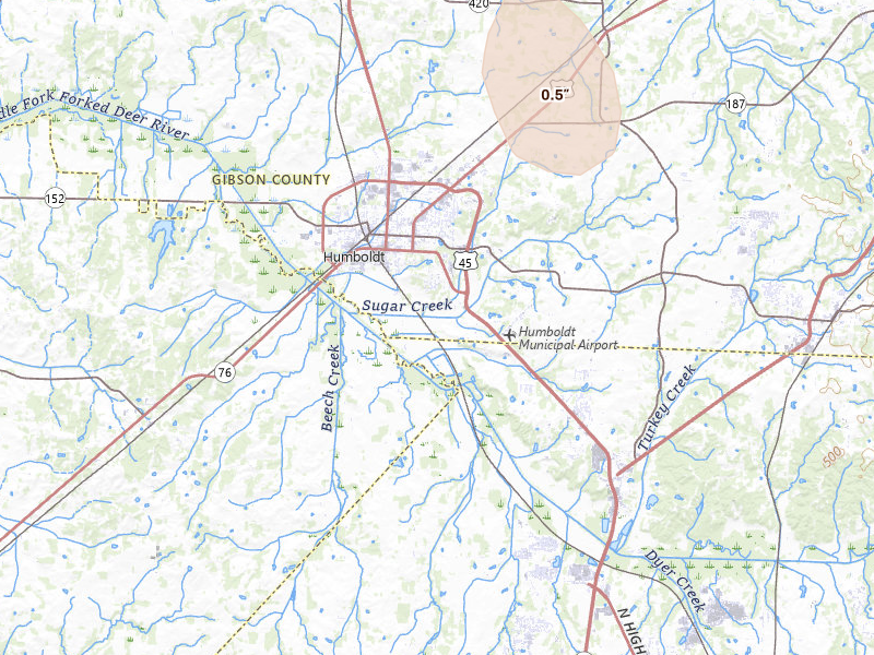 Radar-estimated hail-size map of the storm over Humboldt, TN on Jul 1, 2026