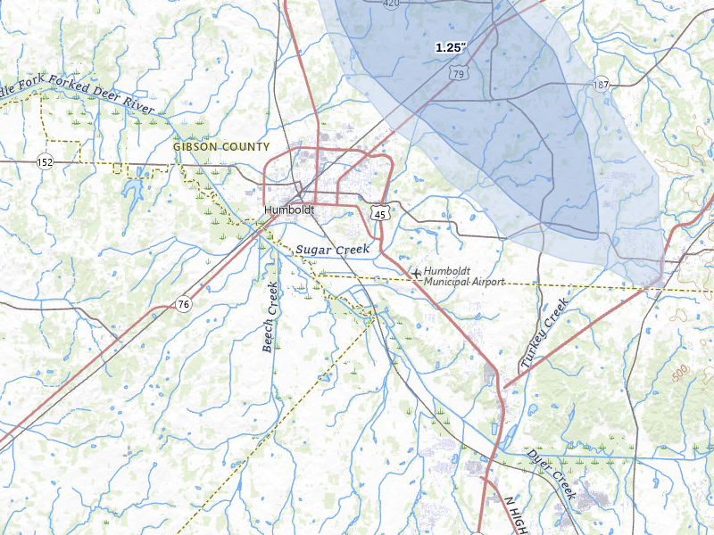 NEXRAD radar-signature map of the hail storm over Humboldt, TN on Jul 1, 2026